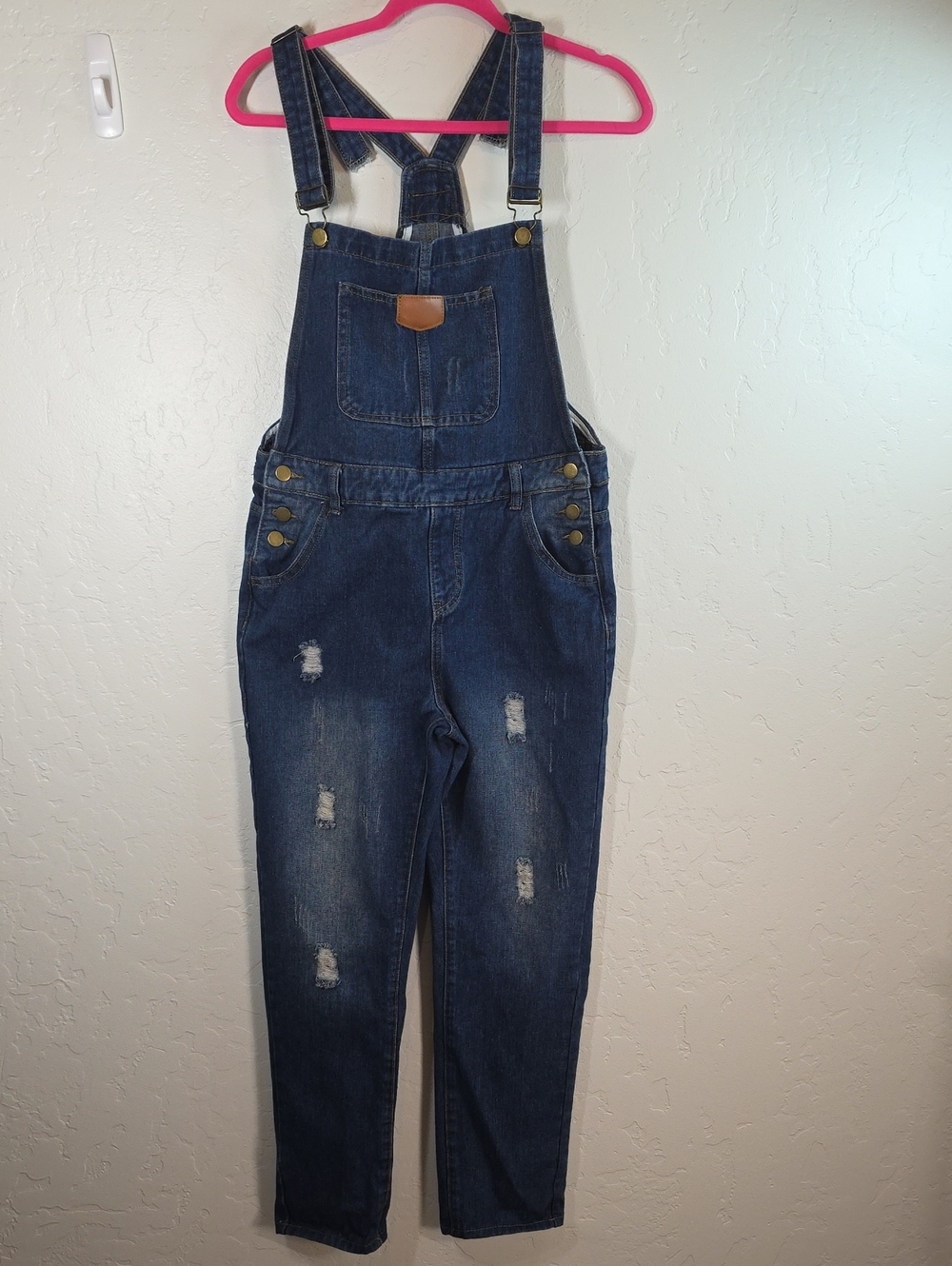 Dark Blue Denim Women's Overalls with Distressed Detail